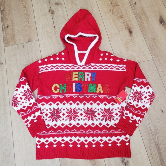 Fair Isle Christmas Womens Sweater Size M Hooded Sparkle Red Ugly Holiday NWT - Picture 1 of 15